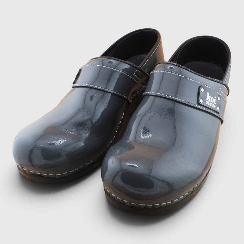 Koi by Sanita Womens Professional Clogs Gray Patent Leather Danish Shoes Size 39